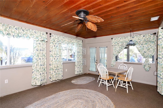 sunroom with visible vents, french doors, wooden ceiling, and a ceiling fan