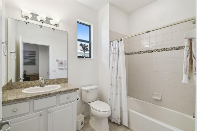 3390 Fallbrook Dr, Kissimmee, FL 34759 - bathroom with baseboards, toilet, shower / tub combo with curtain, tile patterned floors, and vanity