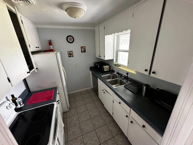 kitchen with black dishwasher, dark countertops, white electric range, white cabinets, and a sink