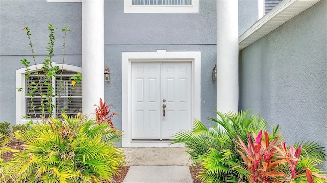 doorway to property with stucco siding