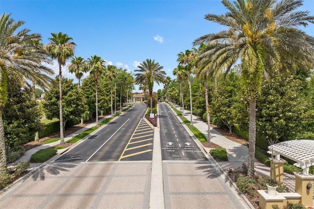 view of street with curbs, sidewalks, and street lights