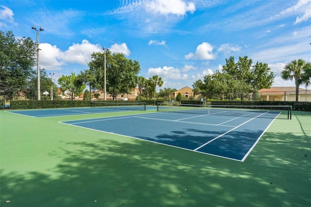 view of tennis court featuring fence