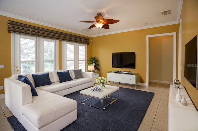 living room with ceiling fan, light tile patterned floors, visible vents, and ornamental molding