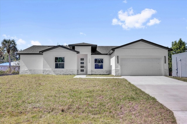 view of front of home with an attached garage, stone siding, concrete driveway, stucco siding, and a front yard