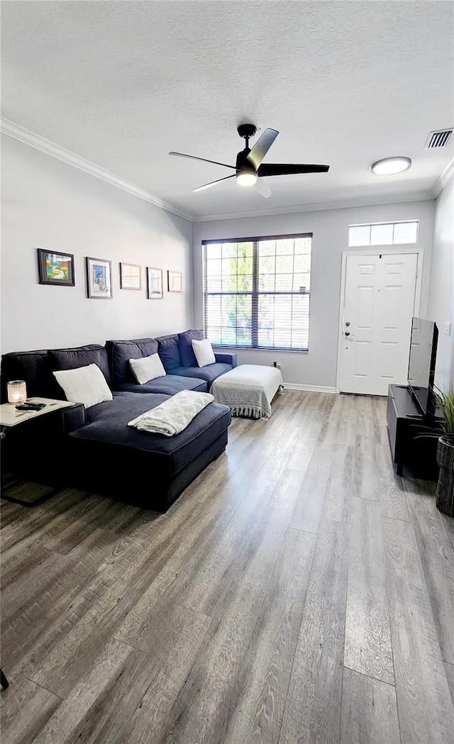 living room with light wood finished floors, visible vents, ceiling fan, a textured ceiling, and crown molding