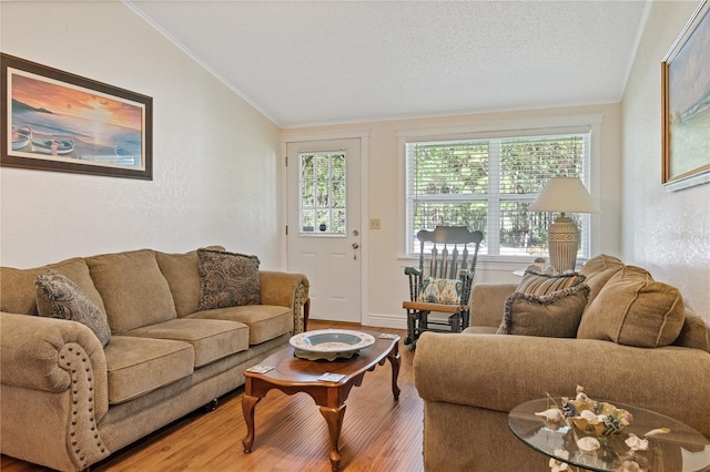 living room with lofted ceiling, a textured wall, a textured ceiling, wood finished floors, and ornamental molding