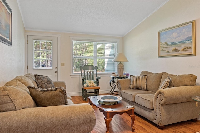 living room with a textured ceiling, ornamental molding, wood finished floors, and a healthy amount of sunlight