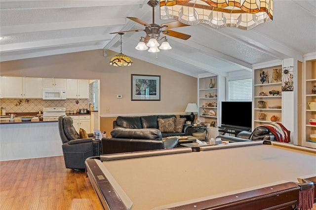 playroom featuring billiards, lofted ceiling with beams, ceiling fan, a textured ceiling, and light wood-style floors