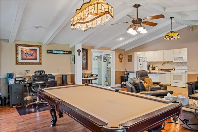 rec room with vaulted ceiling with beams, light wood finished floors, billiards, and ceiling fan