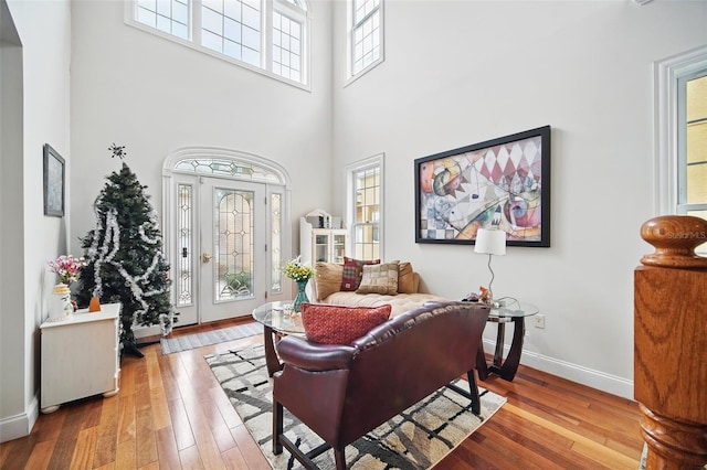 interior space featuring a wealth of natural light, wood-type flooring, and baseboards