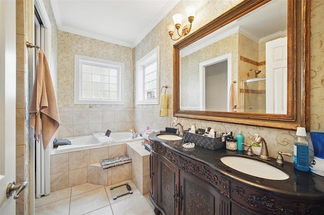 full bathroom featuring crown molding, a stall shower, a sink, and wallpapered walls