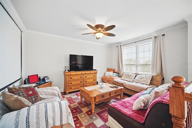 living room featuring ornamental molding and ceiling fan