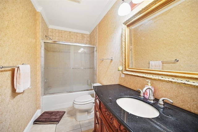 full bath featuring crown molding, tile patterned floors, toilet, vanity, and wallpapered walls