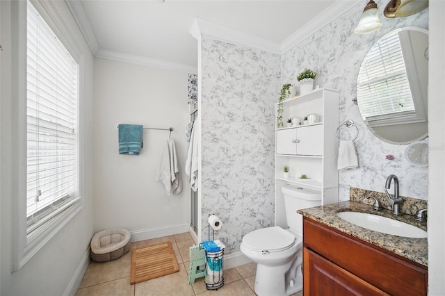 bathroom with crown molding, a healthy amount of sunlight, tile patterned flooring, and wallpapered walls