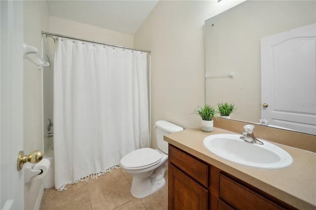 full bath with vanity, tile patterned flooring, toilet, and shower / bathtub combination with curtain