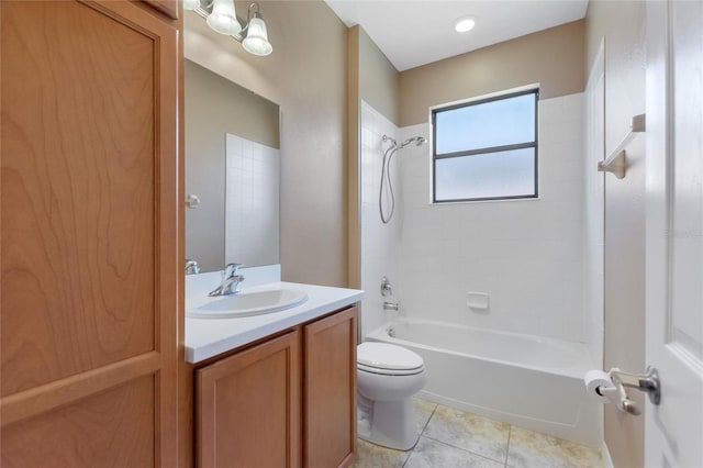 full bath featuring tile patterned flooring, vanity, toilet, and shower / bathtub combination