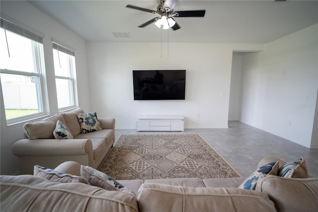 living area with ceiling fan and visible vents