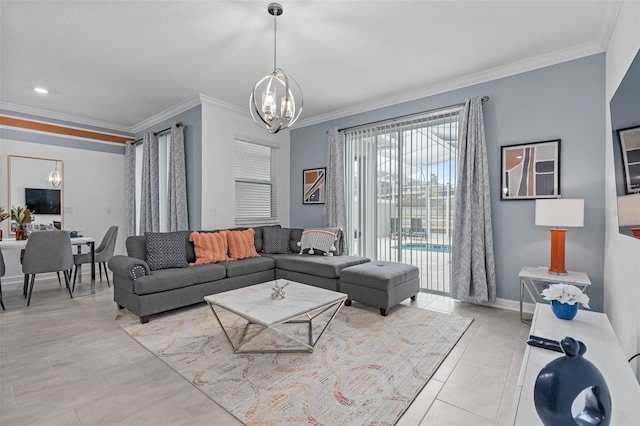 living room featuring baseboards, a chandelier, and ornamental molding