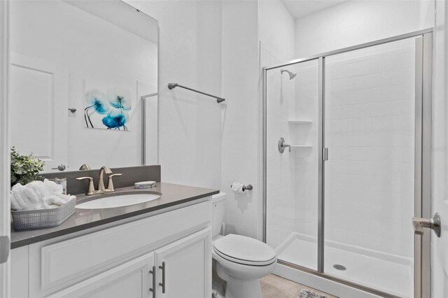 full bath featuring a shower stall, toilet, and vanity