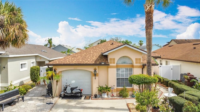 view of front facade featuring driveway, a garage, a shingled roof, a gate, and stucco siding