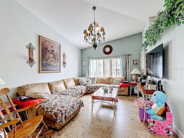 tiled living room with vaulted ceiling, a textured ceiling, and a chandelier