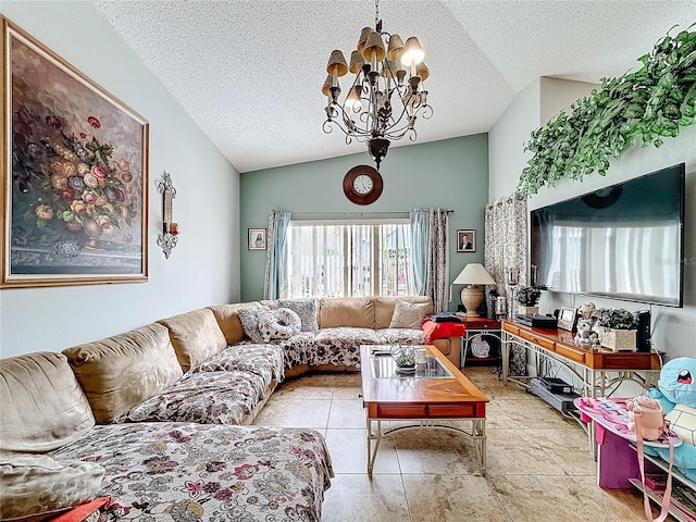 tiled living room with vaulted ceiling, a textured ceiling, and a chandelier