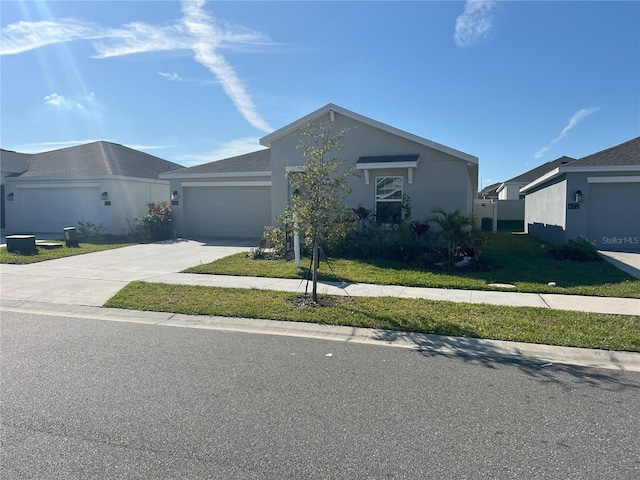 ranch-style house with an attached garage, concrete driveway, and stucco siding