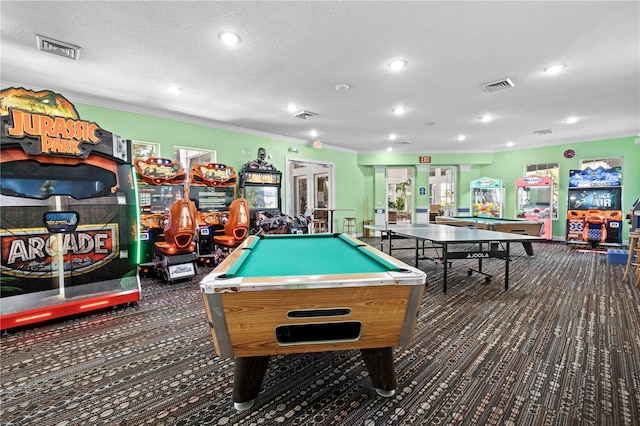 rec room featuring carpet, billiards, visible vents, and crown molding