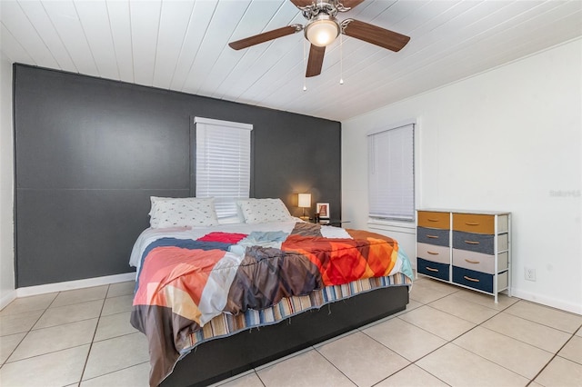 bedroom featuring light tile patterned floors, baseboards, wood ceiling, and a ceiling fan