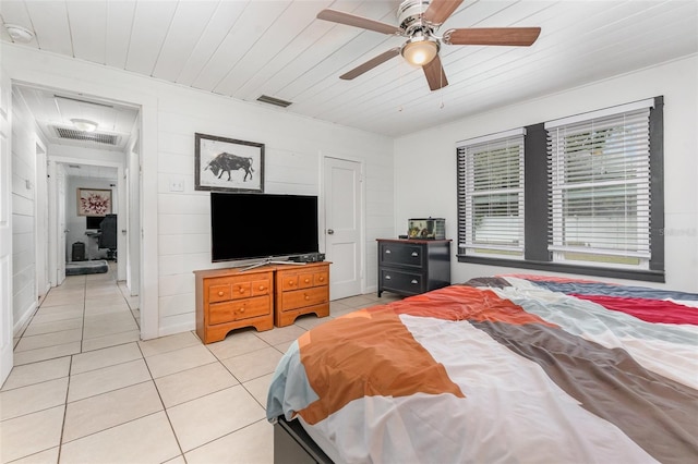 bedroom with visible vents, light tile patterned flooring, wooden ceiling, and a ceiling fan