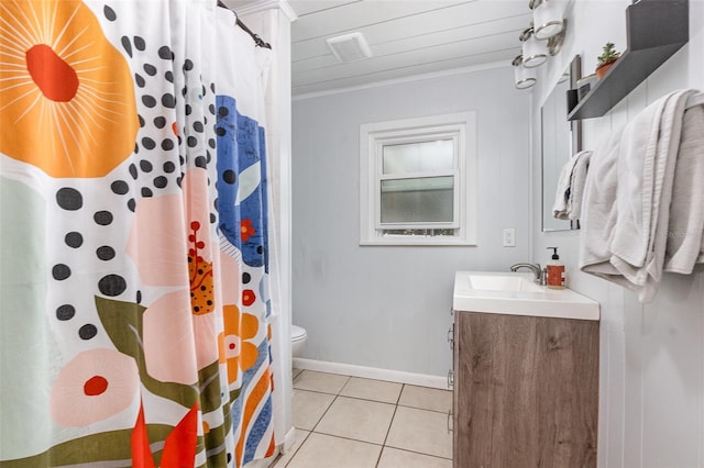 full bath with a shower with shower curtain, toilet, ornamental molding, vanity, and tile patterned floors