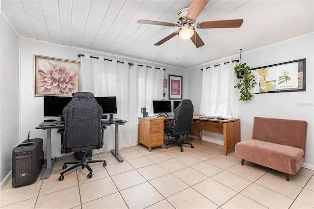 office space with wooden ceiling, ceiling fan, baseboards, and light tile patterned flooring