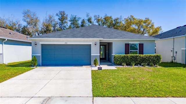 2461 Bulrush Dr, Saint Cloud, FL 34769 - ranch-style house with concrete driveway, a front lawn, an attached garage, and stucco siding