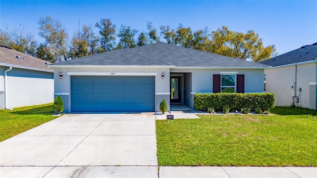 ranch-style house with concrete driveway, a front lawn, an attached garage, and stucco siding