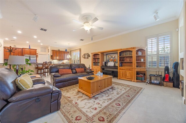 1686 Shadowmoss Cir, Lake Mary, FL 32746 - living room featuring ceiling fan, light carpet, healthy amount of natural light, ornamental molding, and recessed lighting