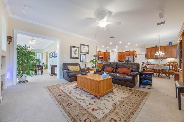 1686 Shadowmoss Cir, Lake Mary, FL 32746 - living room with ceiling fan, light carpet, ornamental molding, and a chandelier