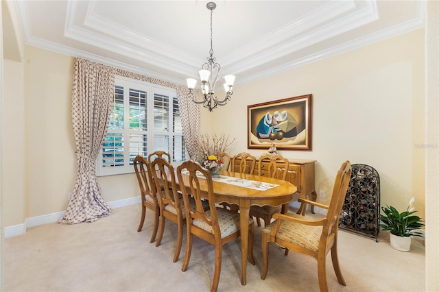 1686 Shadowmoss Cir, Lake Mary, FL 32746 - dining area with a chandelier, crown molding, a raised ceiling, light carpet, and baseboards