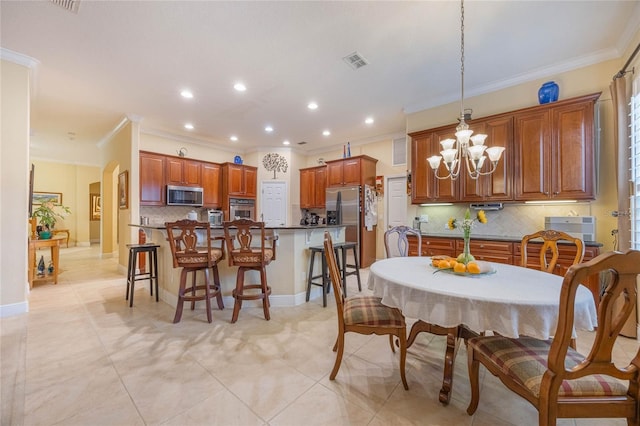 1686 Shadowmoss Cir, Lake Mary, FL 32746 - dining space featuring ornamental molding, a chandelier, recessed lighting, and light tile patterned floors