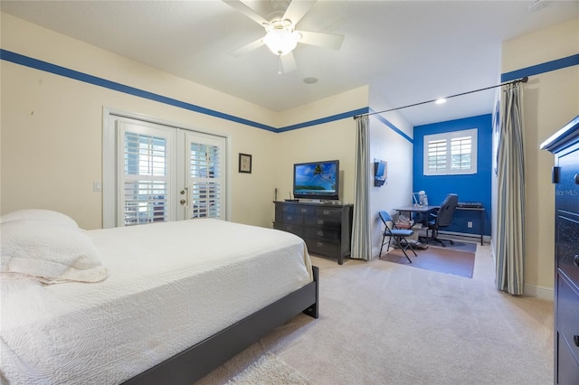 1686 Shadowmoss Cir, Lake Mary, FL 32746 - bedroom featuring french doors, light carpet, a desk, access to exterior, and a ceiling fan