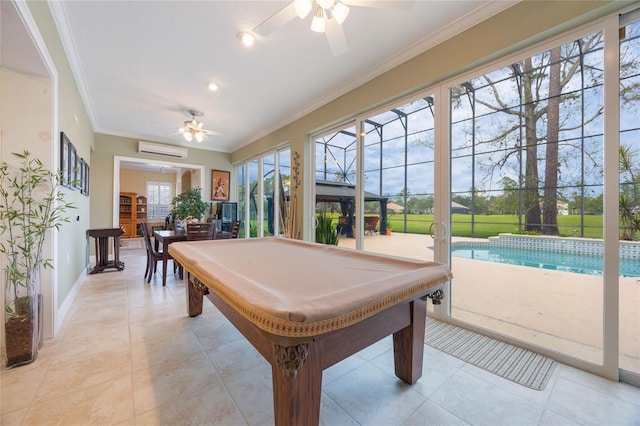 1686 Shadowmoss Cir, Lake Mary, FL 32746 - recreation room featuring ceiling fan, an AC wall unit, ornamental molding, baseboards, and billiards