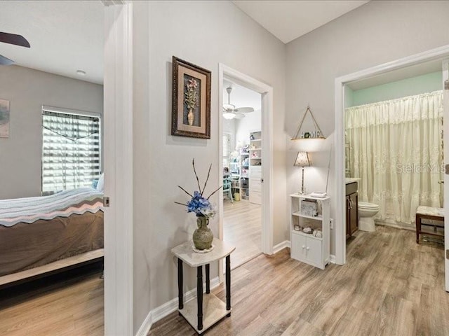 hallway with light wood-style floors and baseboards