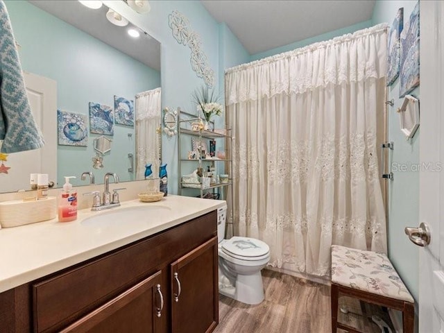 bathroom with toilet, a shower with curtain, vanity, and wood finished floors