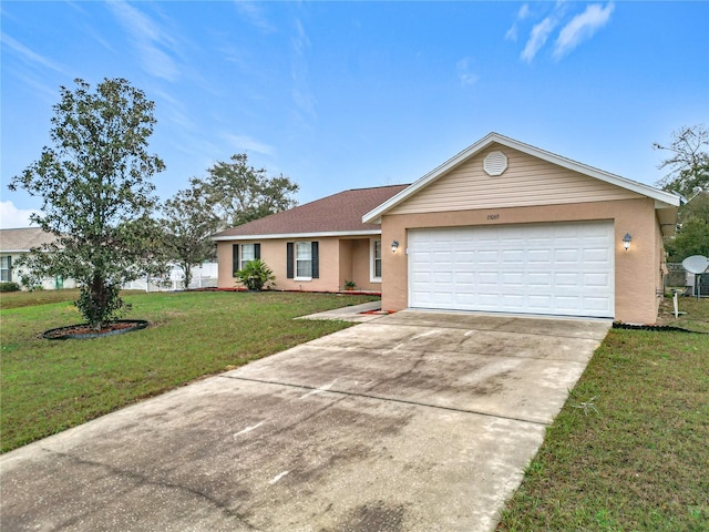 ranch-style house featuring a garage, a front lawn, concrete driveway, and stucco siding