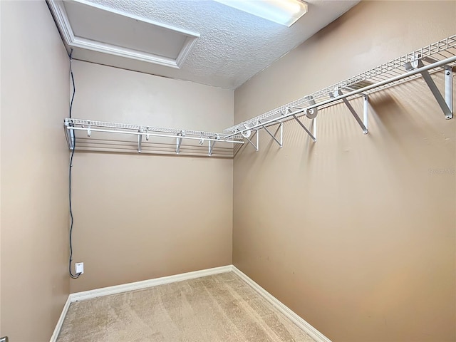 spacious closet with carpet floors and attic access