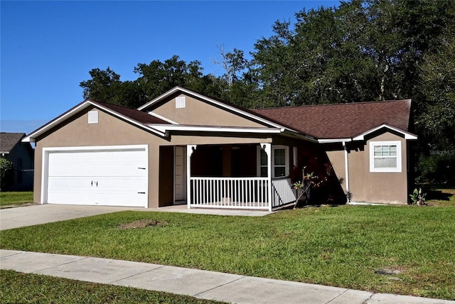 ranch-style house with a garage, covered porch, a front lawn, and stucco siding