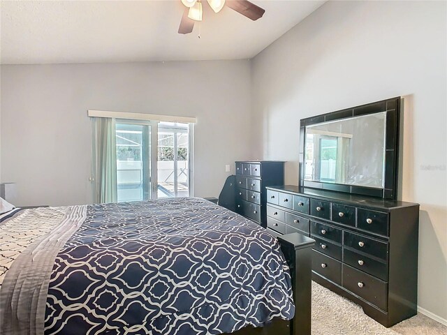 bedroom with carpet floors, access to outside, and ceiling fan