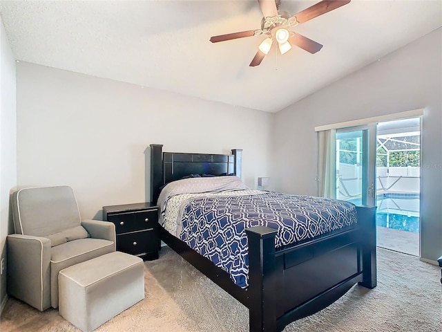 carpeted bedroom featuring lofted ceiling, access to outside, and ceiling fan