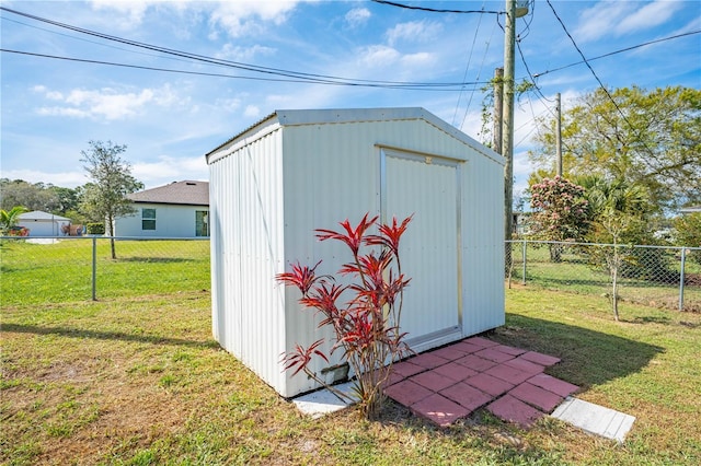 view of shed featuring a fenced backyard