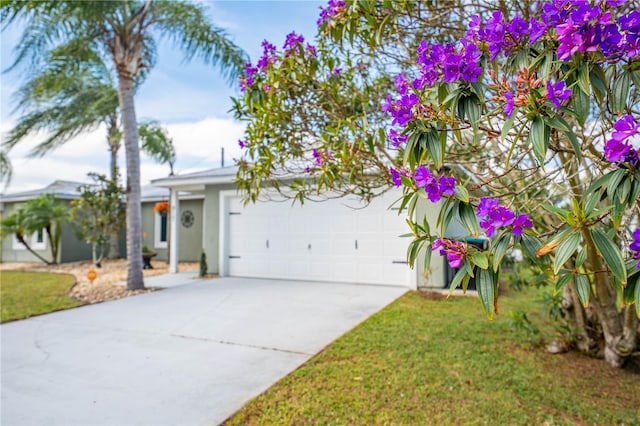 view of front of home featuring an attached garage, driveway, a front yard, and stucco siding