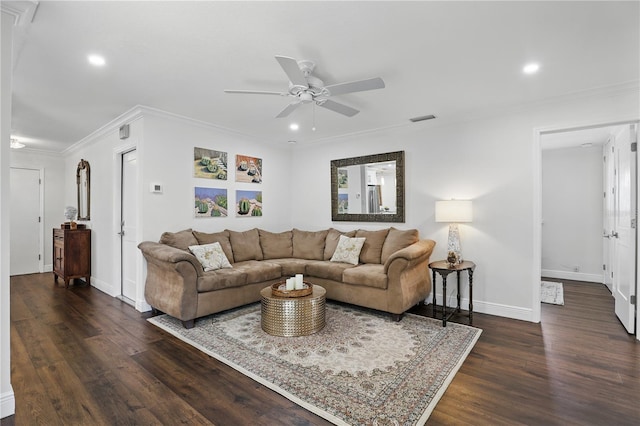 living room with recessed lighting, wood finished floors, visible vents, baseboards, and ornamental molding